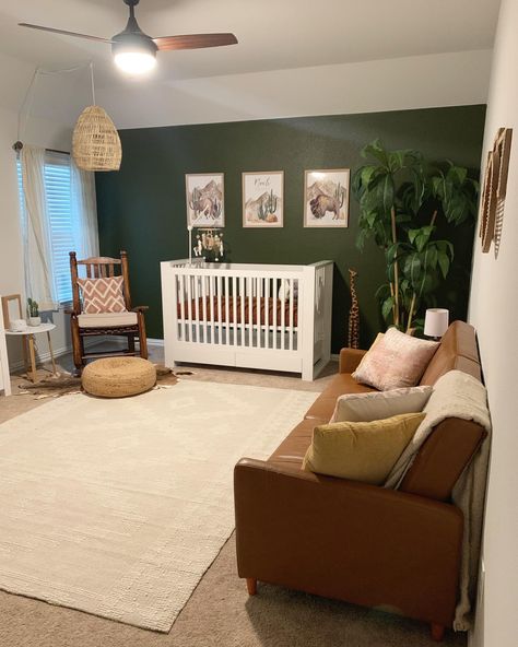 Green And Brown Nursery Boys, Green And Brown Nursery, Nursery Guest Room Combo, Green Baby Nursery, Houses Inside, Brown Nursery, Nursery Guest Room, Farmhouse Fixer, Farmhouse Fixer Upper