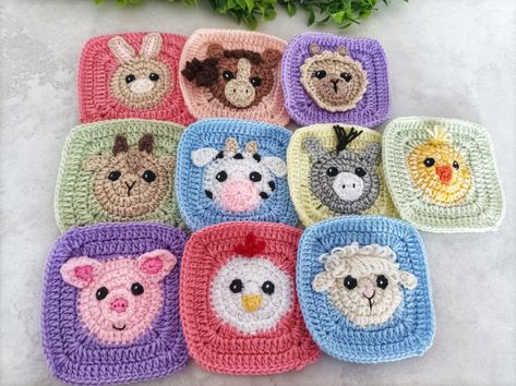 Applique Granny Square, Sheep Granny Square Free Pattern, Free Crochet Applique Patterns Animals, Goat Granny Square, Crochet Cow Cardigan, Crochet Animal Granny Square Blanket, Crochet Horse Granny Square, Best Granny Squares, Cow Granny Square Crochet