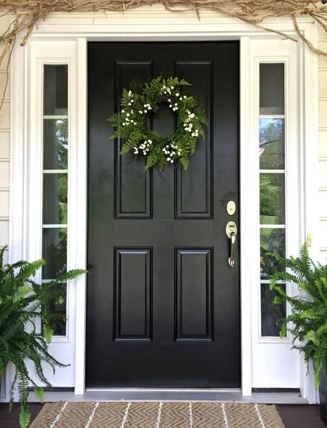 Front Doors Painted Black, Black Exterior Paint, Exterior Front Door Colors, Black Exterior Doors, Front Door Inspiration, Black Front Door, Front Door Color, Front Door Makeover, Beautiful Front Doors