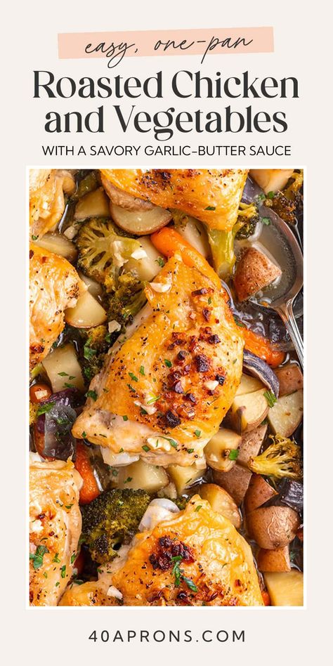 This one-pan meal is absolutely delicious! Juicy chicken thighs, crisp and flavorful veggies, coated in an irresistible garlic butter sauce. One pan chicken and veggies is an easy meal the whole family will love! Vegetables In Oven, Chicken And Vegetable Recipes, Chicken And Roasted Vegetables, Baked Chicken With Vegetables, Roast Chicken And Vegetables, Pan Chicken And Veggies, Roasted Chicken And Vegetables, Chicken With Vegetables, Juicy Chicken Thighs