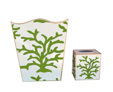 Green Coral Wastebasket and Tissue Box Dana Gibson, Counter Top Accessories, Coral Navy, Coral Design, Chinese Vase, Bathroom Countertops, Waste Basket, Tissue Box Covers, Tissue Box