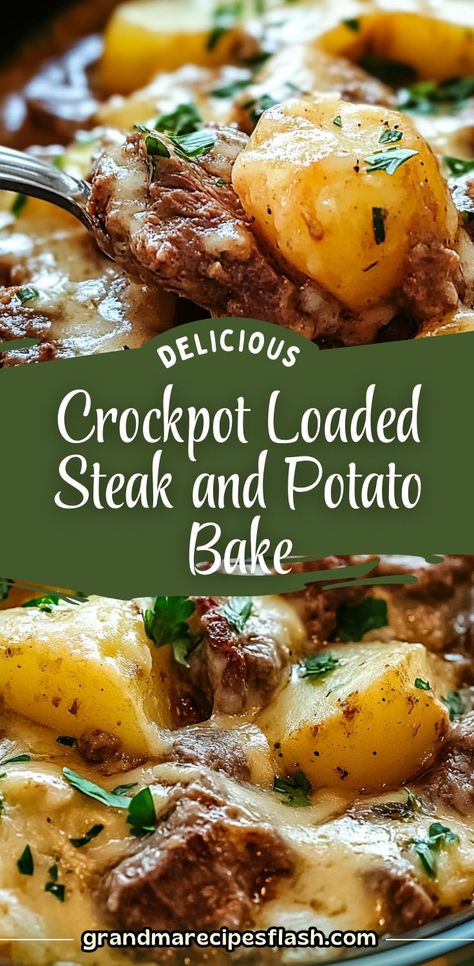 This Crockpot Loaded Steak and Potato Bake is the epitome of comfort food! Hearty, tender steak paired with flavorful potatoes and gooey melted cheddar—perfect for a cozy family dinner. Simply layer, season, and let the slow cooker do the work. #comfortfood #crockpotdinner #steakpotatoes #easyrecipe #familymeal #slowcookerrecipes #cheesysteak #weeknightdinner Crockpot Steak Tips And Potatoes, Crockpot Loaded Steak And Potato Bake, Crockpot Recipes Steak And Potatoes, Baked Steak And Potatoes Oven, Steak Loaded Baked Potato, Crockpot Beef And Potatoes, Crock Pot Steak And Potatoes, Garlic Steak And Potatoes Crockpot, Steak And Baked Potato Dinner