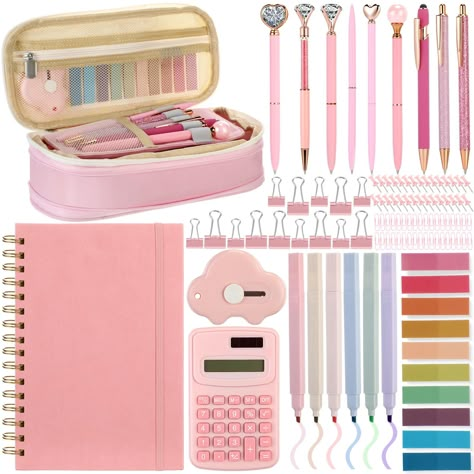 PRICES MAY VARY. Exquisite Aesthetic School Supplies Set: cute school supplies include 6 pieces colorful highlighters, 9 pieces cute ballpoint pens, 200 pieces sticky notes in 10 colors, 1 pieces pencil case, 1 box of binder clips set, 1 pieces compact calculator, 1 pieces beautiful spiral notebooks and 1 pieces mini cloud utility knife Essential for the Start of School: this school supplies for girls include necessary items such as large capacity pencil pouch, metal ballpoint pens, cute highlig Cute Stationary School Supplies Notebooks, Clean Girl School Supplies, Cute Pens For School, Cute School Stuff, Aesthetic School Stuff, Amazon Supplies, Cute Back To School Supplies, Pink School Supplies, Fun School Supplies