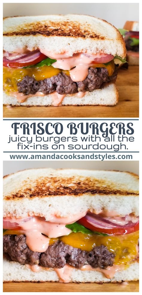 Amazing Frisco Burgers (San Francisco Cheeseburger)- A juicy cheeseburger layered with grilled onions, creamy burger sauce, lettuce and tomato on a hot grilled slice of sourdough bread. Frisco Burger Recipes, Frisco Sauce, Frisco Burger, Frisco Melt, Food Inspired, Burger Toppings, Burger Sauce, Gourmet Burgers, Grilled Onions