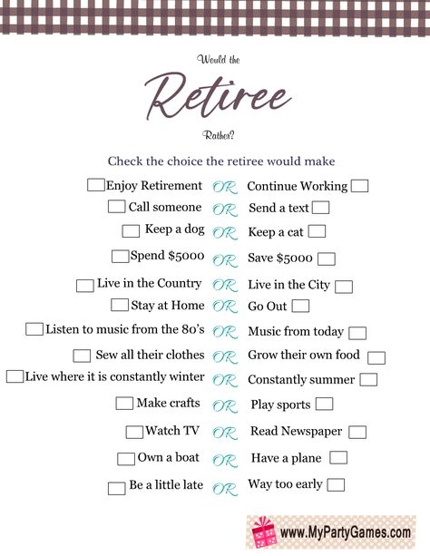 Free Printable Would the Retiree Rather? Retirement Game Retirement Games Activities, Free Retirement Printables, Retirement Party Games Activities, Retirement Games To Play, Free Sunday School Printables, Retirement Party Games, Retirement Games, Halloween Bunco, Sunday School Printables