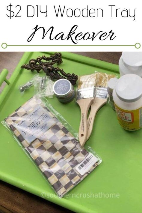 Today I'm sharing a beautiful $2 wooden tray makeover that I know you are going to love. You can never have too many trays for decorating or entertaining. #southerncrushathome #woodentraymakeover Silver Tray Decor, Makeover Videos, Fabric Headboards, Tray Makeover, Mackenzie Childs Furniture, Painted Serving Trays, Mackenzie Childs Diy, Decoupage Paper Printable, Diy Serving Tray