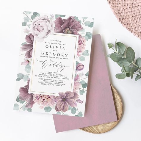 Mauve Flowers and Greenery Elegant Stylish Wedding Invitation Blush Hydrangea, Purple Flowers Wedding, Pastel Sage Green, Sage Green Leaves, Garden Boho, Mauve Flowers, Stylish Wedding Invitation, Hydrangea Bloom, Botanical Vintage