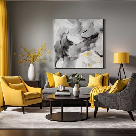 Grey And Yellow Lounge Ideas, Gray Black And Yellow Living Room, Yellow And Grey Home Decor, Gray Mustard Living Room, Black And Yellow Home Decor, Living Room Designs Yellow, Yellow Theme Living Room, Gray And Yellow Living Room Ideas, Yellow And Black Living Room Decor