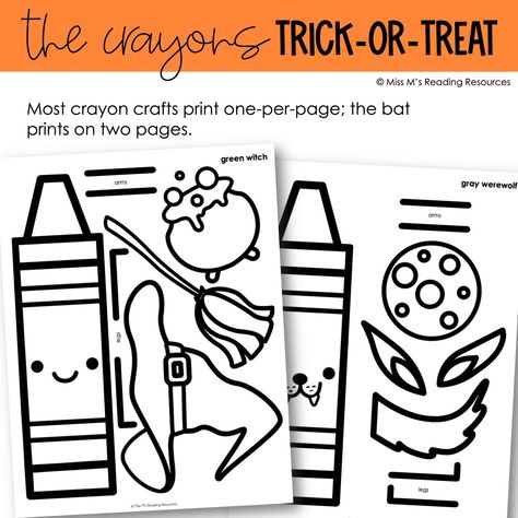 Extend a reading of The Crayons Trick or Treat by Drew Daywalt with these adorable crayon crafts and writing pages! Students will love coloring and crafting their festive crayons and seeing them displayed on a bulletin board or taking them home to share with their families.Included in this download are seven crayon costume trick-or-treat crafts and six differentiated writing pages. The crafts come in both color and black-and-white versions.Enjoy! :) Monsters Crafts For Preschool, The Crayons Trick Or Treat Activities, Halloween Art 2nd Grade, Creepy Crayon Craft, Creepy Crayon Activities, Fun Friday Activities Classroom Ideas, Creepy Crayon, Crayon Costume, Crayon Crafts