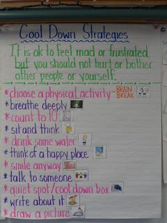 Confessions of a Primary Teacher: Cool Down Strategies Anchor Chart.  Great for whole group lesson so students learn their choices ahead of time. Primary Teacher, Behaviour Strategies, Responsive Classroom, Beginning Of Year, Behaviour Management, Social Thinking, School Social Work, Classroom Behavior, Primary Teachers