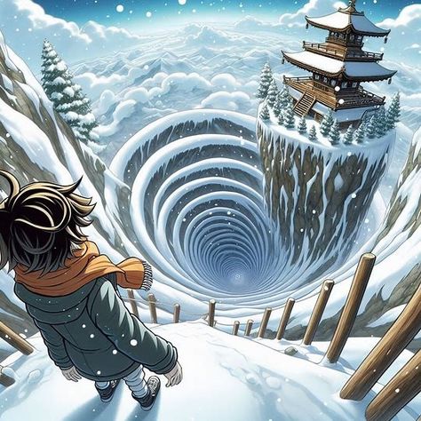 anime manga story illustration with the character in snow looking up at a spiral mountain with a shrine atop the mountain extreme skewed perspective from a high angle - Image Creator from Microsoft Designer High Angle Perspective, Extreme Perspective, Story Illustration, Camera Composition, Manga Story, Mountain High, High Angle, Landscape Illustration, Create Sign