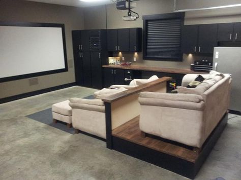 The Ghetto Garage Theater - AVS Forum | Home Theater Discussions And Reviews Platform For Theater Seating, Garage Theater Room, Garage Couch Ideas, Shed Movie Theater, Garage Home Theater Ideas, Basement Movie Room On A Budget, Loft Home Theater Ideas, Garage Theater Ideas, Movie Room Sofa