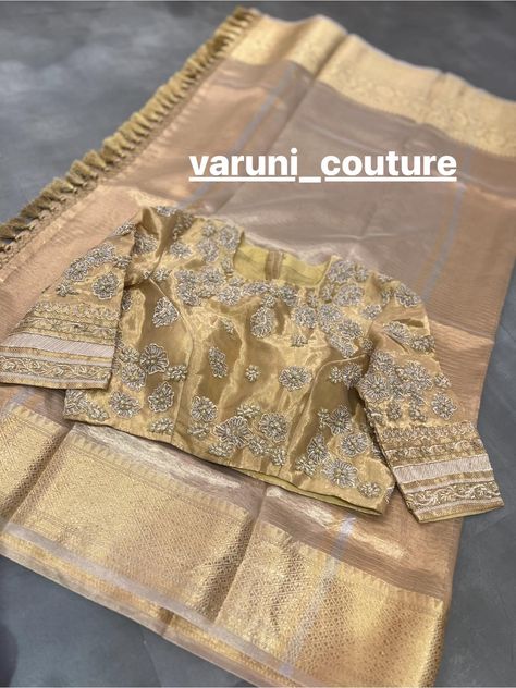 Gold Silk Blouse Designs, Gold Pattu Saree Blouse Designs, Gold Saree Blouse, Blue Blouse Designs, Blouse Works, Mirror Work Blouse Design, Lehenga Saree Design, Saree Blouse Neck Designs, Wedding Saree Blouse Designs