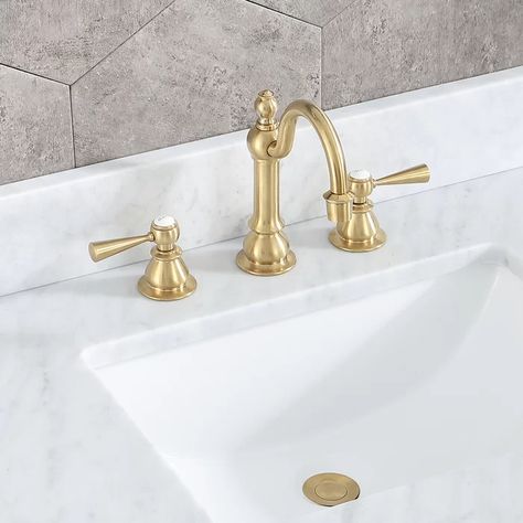 dCOR design High Arc Torch Widespread Bathroom Faucet with Drain Assembly & Reviews | Wayfair Vintage Bathroom Faucet, Bronze Bathroom Fixtures, Vintage Faucet, Clawfoot Tub Faucet, Bronze Bathroom, Brass Bathroom, Widespread Bathroom Faucet, Brass Faucet, Lavatory Faucet