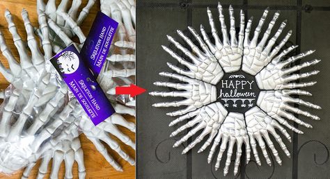 Bony Hands Wreath - Dollar store molded plastic skellie hands - tutorial Hands Wreath, Hands Tutorial, Dollar Store Halloween, Halloween Wreaths, Plastic Molds, Hello My Name Is, Christmas Carol, My Name Is, Dollar Stores