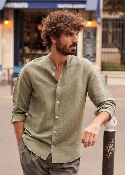 Cotton Linen Benny Shirt - Khaki Faded - Sézane Linen Clothes For Men, Sezane Clothing, Shirt Stitching, Green Linen Shirt, Stitching Ideas, Insta Outfits, Smart Casual Men, Natural Man, Stylish Men Casual