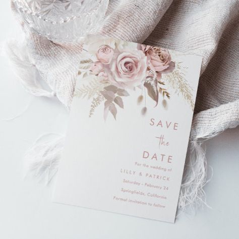 $3.07 | Modern Dusty Rose & Blush Rose Wedding #modern, dusty, floral, wedding, save the date, spring wedding, boho, rose, blush Save The Date Dusty Rose, Dusty Rose Save The Dates, Save The Date Spring, Blush Rose Wedding, Dusty Rose Wedding, Rose Blush, Blush Rose, Wedding Boho, Fun Wedding Invitations