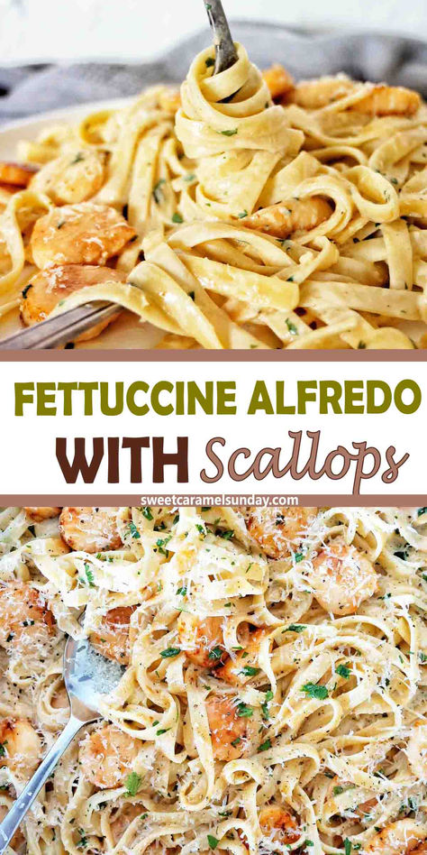 Fork being twirled in plate of creamy scallop pasta. There is text written between 2 images. Shrimp And Scallops Alfredo Pasta, Pasta Scallops Recipe, Scallops Alfredo Pasta, Scallop Alfredo Pasta Recipe, Shrimp And Scallop Alfredo, Scallops And Pasta Recipe, Pasta With Scallops Recipes, Scallop Alfredo Pasta, Shrimp Scallops Pasta Recipes