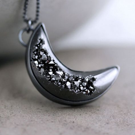 Black Druzy Necklace Night Sky Coal Black Crescent by TheSlyFox, $171.00 Black Crescent Moon, Bad Moon Rising, Cottagecore Witch, Black Pendant Necklace, Crescent Moon Jewelry, Forest Moon, Necklace Pendent, Crystal Formations, Moon Rising