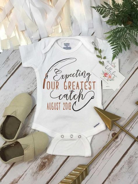 Fishing ONESIE® Expecting our greatest catch Pregnancy | Etsy Fishing Pregnancy Announcement, Fishing Onesie, Baby Announcement To Parents, Fishing Baby, Baby Fish, Bodysuit Designs, Pregnancy Reveal, Baby Panda, Baby Reveal