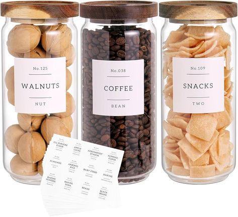 Amazon.com: 5 Set Glass Pantry Storage Jars with Acacia Airtight Lid - Thicken Glass Kitchen Canisters with 132 Pantry Labels - Clear Glass Food Storage Containers with Wood Lid for Tea,Sugar,Candy,Cookie,Pasta : Home & Kitchen Food Label Sticker, Kitchen Pantry Labels, Tiny Pantry, Glass Containers With Lids, Glass Kitchen Canisters, Pantry Jars, Glass Pantry, White Labels, White Food