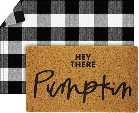 Layering Decor, Buffalo Plaid Rug, Hey There Pumpkin, Halloween Doormat, Plaid Rug, Fall Doormat, Halloween Door Mat, Porch Rug, Pumpkin Door