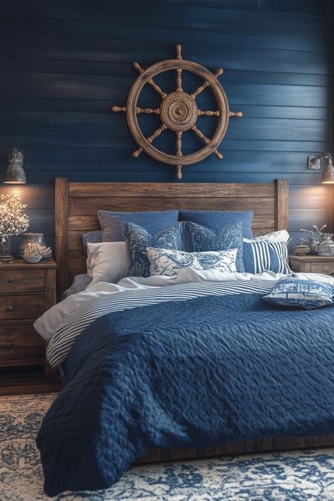 Nautical Navy Navigator's Room Dark Nautical Decor, Blue Fantasy Bedroom, Nautical Boys Room, Fantasy Bedroom Ideas, Nautical Bedroom Ideas, Nautical Themed Bedroom, Dark Nautical, Nautical Decor Bedroom, Ocean Exploration