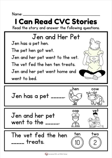 This is the perfect EFL worksheet for beginner readers. Students read the story and answer the reading comprehension questions. Cvc Stories, Phonics Reading Passages, First Grade Reading Comprehension, Phonics Worksheets Free, Reading Comprehension For Kids, Cvc Words Kindergarten, Kindergarten Phonics Worksheets, Beginner Reader, Reading Comprehension Lessons