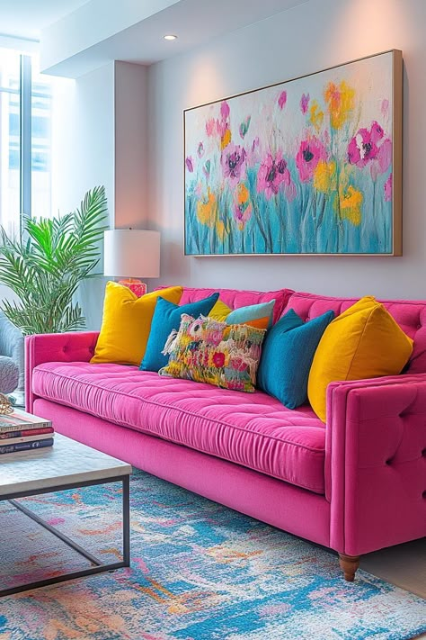 Dopamine Home, Pink Living Room Ideas, Colorful Couch, Colourful Living Room Decor, Vibrant Living Room, Space Light, Pink Living Room, Playful Decor, Entertaining Friends