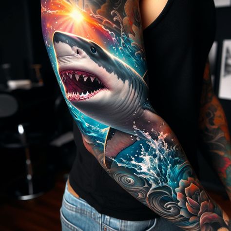 Captivating shark tattoo designs that inspire. Discover the perfect blend of power and meaning in these tattoos. #tattoo #tattoo_for_woman #tattoo_ideas #tattoo_for_man #ai Female Shark Tattoo, Women Shark Tattoo, Shark Arm Sleeve Tattoo, Detailed Shark Tattoo, Women’s Shark Tattoo, Ocean Sleeve, Ocean Sleeve Tattoos, Shark Tattoos, Custom Tattoo Design