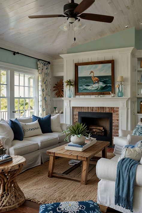 51 Coastal Living Room Ideas New England Style Living Room, Nantucket Living Room, Closet Offices, Coastal Living Rooms Ideas, Lakehouse Living Room, Cozy Coastal Living Room, Coastal Living Room Ideas, Coastal Cottage Living Room, Beachy Living Room