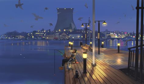 Late Night Fishing by Atey Ghailan Atey Ghailan, Environment Painting, Arte Peculiar, Bg Design, Color Script, Night Fishing, Ghibli Art, Night Painting, Color Studies