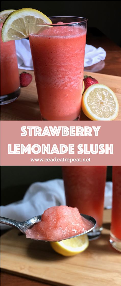 Super easy 4-ingredient Strawberry Lemonade Slush! #drinks #lemonade #summer Lemonade Slush, 5 Minute Recipe, Lemonade Slushies, Slush Recipes, Fun Drink Recipe, Fruit Slush, Slushie Recipe, Drink Recipes Nonalcoholic, Easy Meal Ideas