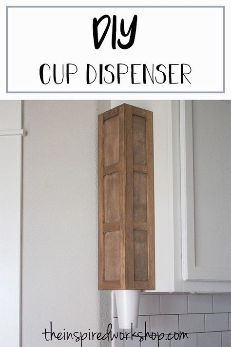 DIY Cup Dispenser - Keep the cups handy with this easy to build cup dispenser. It can wall mounted or cabinet mounted and holds solo cups, styrofoam cups, or other cups of similar size! Organize the pantry and kitchen with the help of this cup dispenser! #cupholder #kitchenideas #kitchenorganization Dispenser Diy, Plan Garage, Cup Dispenser, Awesome Woodworking Ideas, Diy Outfits, Disposable Coffee Cups, Build Projects, Build Yourself, Styrofoam Cups