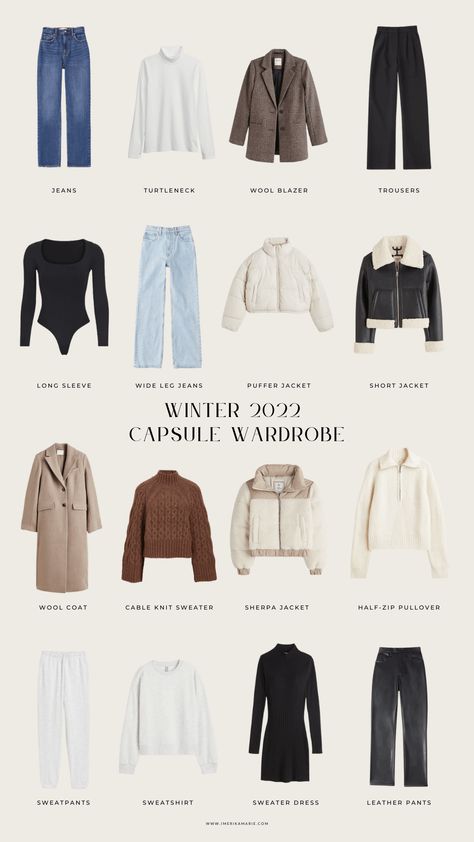 Winter Travel Outfit Capsule, Essentials For Winter Clothing, Winter Outfits Capsule Wardrobe 2023, Essential Winter Wardrobe, Basics For Winter Wardrobe, Korean Winter Capsule Wardrobe, Winter Staple Wardrobe, Winter Staples For Women, Classy Winter Capsule Wardrobe