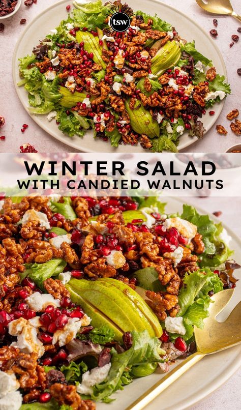 Festive Winter Salad with Candied Walnuts - The Schmidty Wife Candied Walnuts For Salad, Spicy Walnuts, Candied Walnut Recipe, Cranberry Walnut Salad, Pomegranate Recipes, Walnut Recipes, Walnut Salad, Winter Salad, Dinner Plan