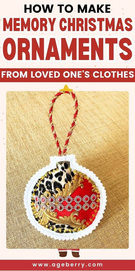 Discover a meaningful way to celebrate your loved ones with our tutorial on How to Make Memory Christmas Ornament from their clothes. This sewing project allows you to turn treasured garments into beautiful ornaments that capture special moments and stories. Begin by choosing clothing that holds sentimental value, like an old T-shirt or a favorite scarf. Create unique, heartwarming decorations that add a personal touch to your holiday festivities. No Sew Memory Ornaments From Clothing, Fabric Memory Ornaments, Christmas Ornaments From Old Shirts, Memory Ornaments From Clothing Diy, Ornaments From Old Clothes, Memory Crafts From Clothes, Memory Ornaments, Loved And Lost, Memory Projects