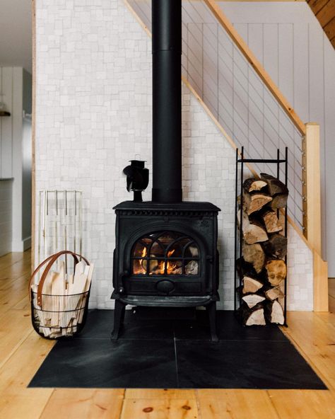 Wood Stove Renovation, Shiplap Wood Stove, Freestanding Fireplace Hearth, Wood Stove Vaulted Ceiling, Wood Stove Decorating Ideas, Wood Stove Nook, Wood Stove Tile Surround, Woodstoves In Living Rooms, Faux Wood Stove