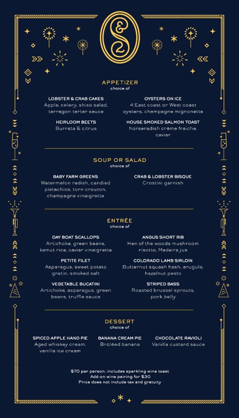 Saint and Second New Year's Eve Menu done In-house New Years Menu Design, New Years Eve Menu Design, Festive Menu Design, Xmas Menu Design, Holiday Menu Design, New Year Menu Ideas, New Year Menu Design, New Years Eve Menu Ideas, Party Menu Design