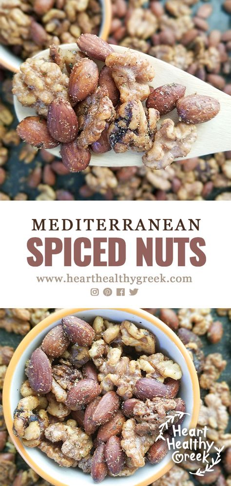 This recipe for mixed nuts is quick and easy. Coated with aromatic Mediterranean spices and roasted until fragrant and savory. The perfect snack to enjoy as a snack, part of a cheese board or topping for a salad. #spicednuts #mediterraneanrecipe #mediterraneandiet #healthysnacks Savory Nuts Recipe, Nut Mix Recipe, Roasted Nuts Recipe, Spiced Nuts Recipe, Seasoned Nuts, Mediterranean Diet Snacks, Mediterranean Snacks, Spiced Walnuts, Flavored Nuts