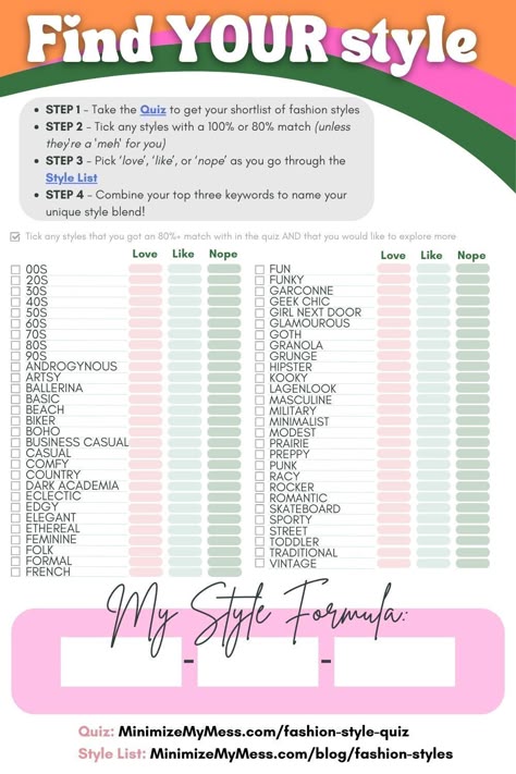 Want a wardrobe aesthetic that truly reflects you? This post helps you blend 57 different fashion styles into a look that's uniquely yours. Take the style quiz and download the free worksheet! #wardrobeaesthetic #fashionstyles #findyourstyle Types Of Aesthetics List, Types Of Aesthetics Styles, Aesthetic Types List, Fashion Style Quiz, Aesthetics List, Capsule Wardrobe Essentials List, Personal Style Types, Closet Tips, Wardrobe List