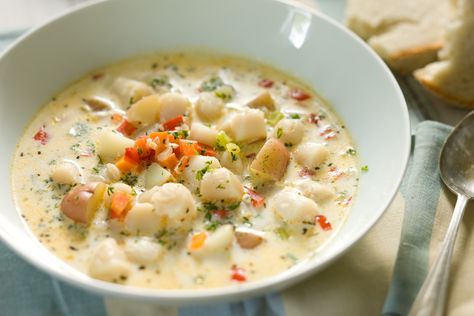 Bay Scallop Chowder Recipe (you can substitute coconut milk or almond milk for dairy milk) Scallop Chowder, Seafood Chowder Soup, Bay Scallop Recipes, Bay Scallops, Bisque Soup, Chowder Soup, Seafood Chowder, Chowder Recipe, Scallop Recipes