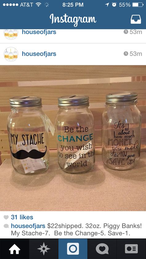 Diy Mason Jar Piggy Bank, Change Jar Sayings, Change Jar Ideas, Donation Jar Ideas, Donation Jars, Mason Jar Piggy Bank, Tip Jar Ideas, Tumbler Sayings, Bullet Journal Savings