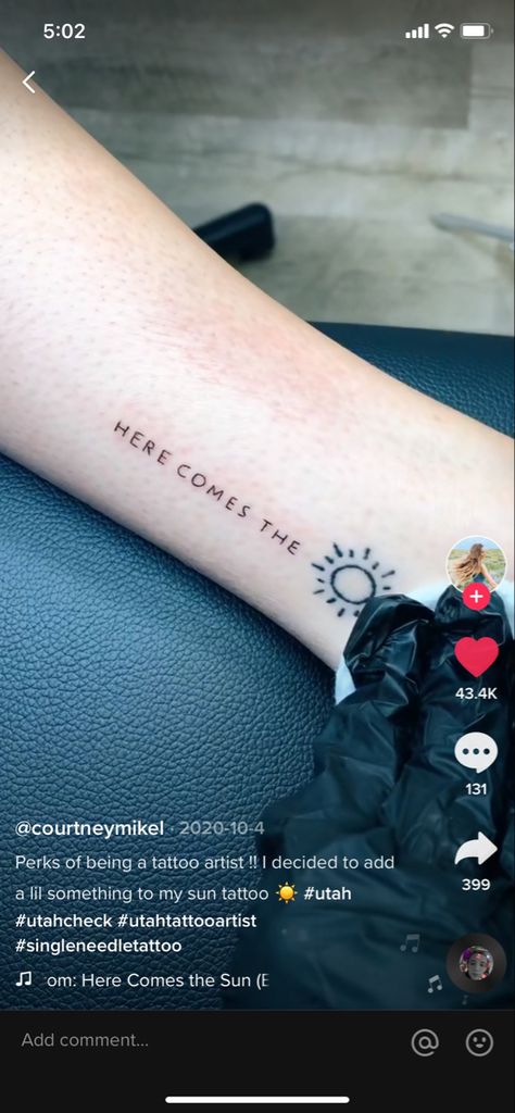 Here Comes The Sun Tattoo, The Sun Tattoo, Body Decor, Sun Tattoo, Here Comes The Sun, Here Comes, Tiny Tattoos, Tattoo Artists, Tattoo Quotes