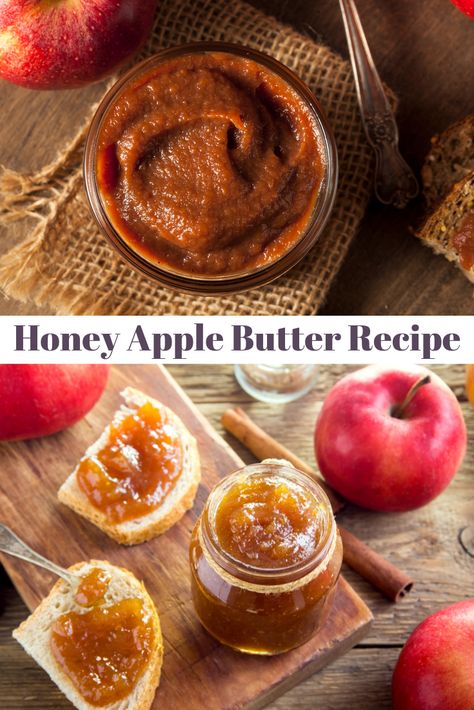 Honey Apple Butter Recipe This is a super delicious apple butter that is easy to make, and you don’t have to stand over the stove and stir for hours. https://loom.ly/DEPDrWI Apple Butter With Honey Recipe, Honey Apple Butter Recipe, Apple Honey Butter, Honey Bee Pollen, Fruit Butter, Nut Butter Recipes, Apple Butter Recipe, Apple Jam, Honey Benefits