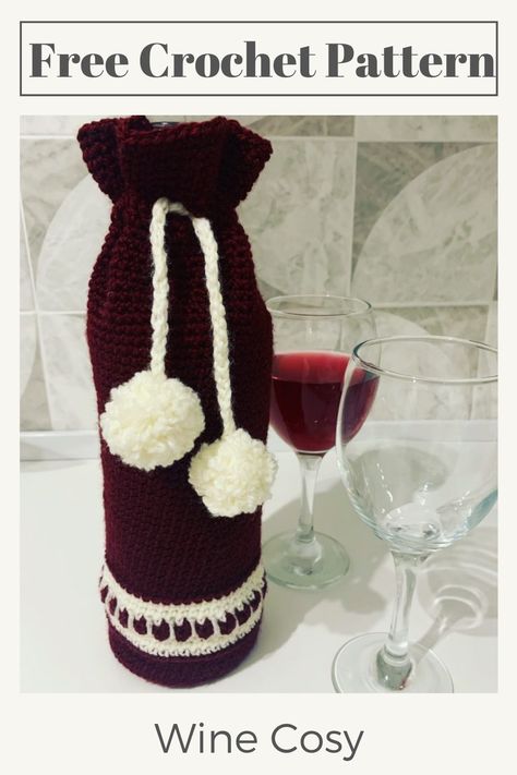 Wine cosy free crochet pattern. Beginner crochet pattern. Kids Crochet Patterns, Wine Bag Pattern, Wine Cozy, Crochet Wine, Christmas Wine Bottle Covers, Wine Bottle Sleeves, Heart Stitch, Bottle Cozy, Bottle Cozies