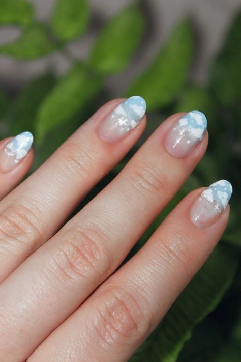 Gel Overlay Nails, Cloud Nails, Nails With White, Blue Ombre Nails, Overlay Nails, Villain Aesthetic, Sky Nails, Gel Overlay, Short Acrylic