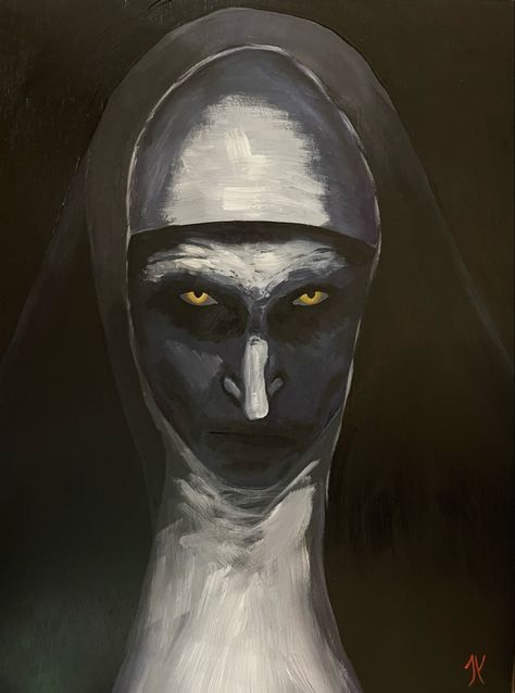 Nun Painting Conjuring, Random Acrylic Painting, Creepy Portrait Painting, Creepy Things To Paint, Scary Oil Painting, Creepy Halloween Paintings, Horror Film Drawings, Scary Acrylic Paintings, Horror Oil Pastel Art