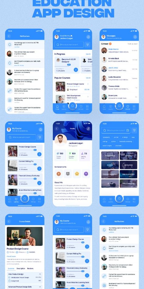 UI design for education and online course mobile app. #mobileapp #education #onlinecourse #UI #design E Learning App Ui Design, Education App Ui Design, Ux Kits, Ui Ux App, Ux Mobile, Mobile App Design Inspiration, Mobile Web Design, School Management, Mobile Ui Design