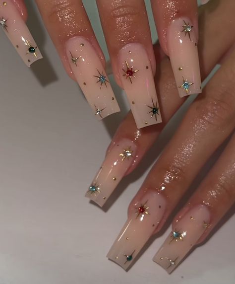 Nail Ideas With Cross Charms, Celestial Nails Square, 19th Birthday Nails Ideas Short, Gems On Nails Ideas, Scorpio Birthday Nails Designs, Sagittarius Nail Ideas, Saltburn Nails, Birthday Nails December, Tapered Square Nail Ideas